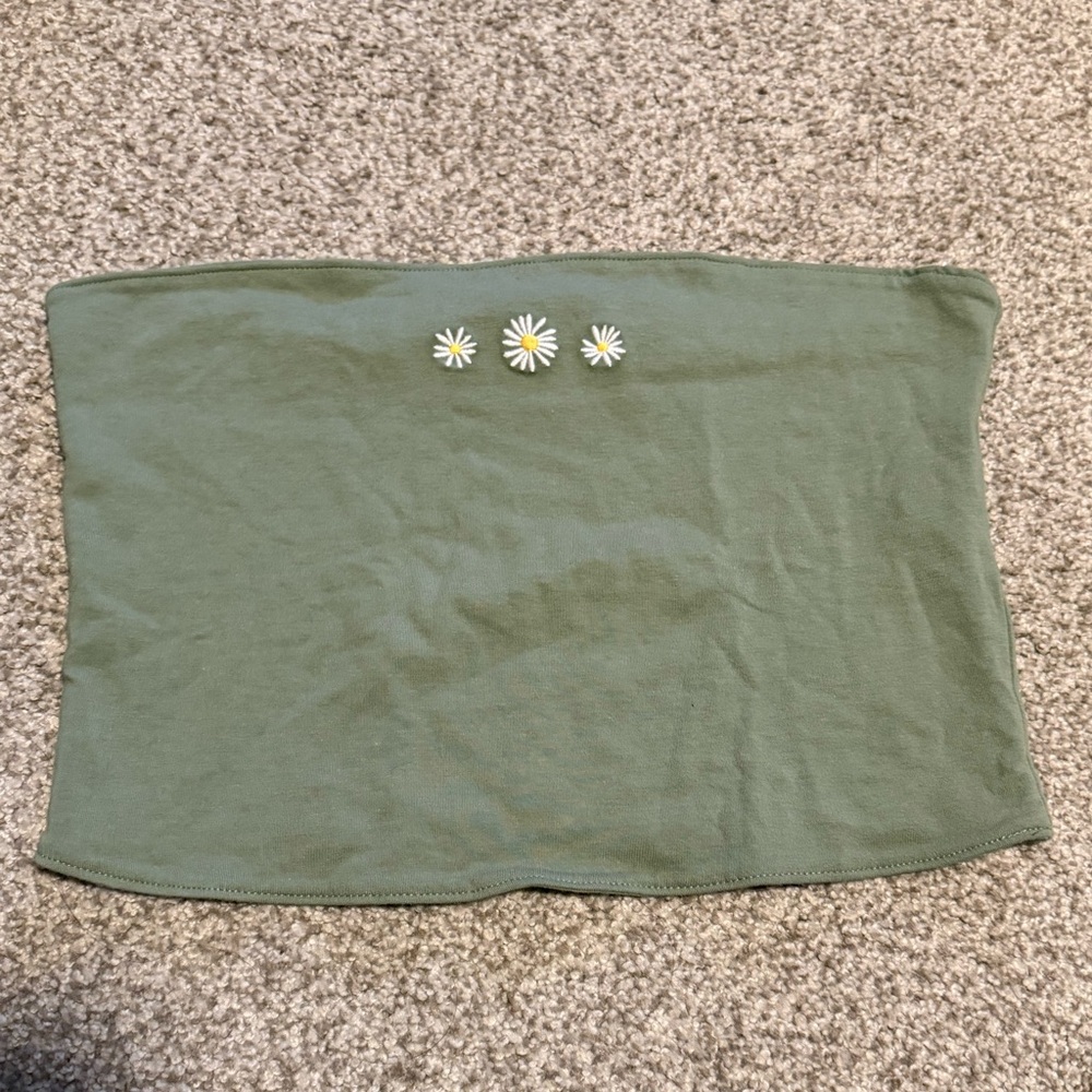 Hollister Green Cropped Tube Top with Daisies